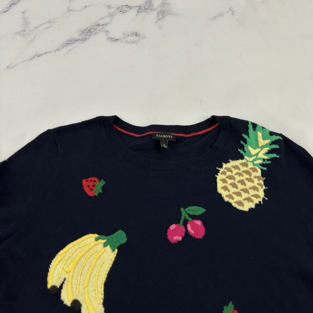 Talbots Fruit Print Knit Pullover Sweater Size L Blue Banana Cherry Strawberry - Picture 2 of 12